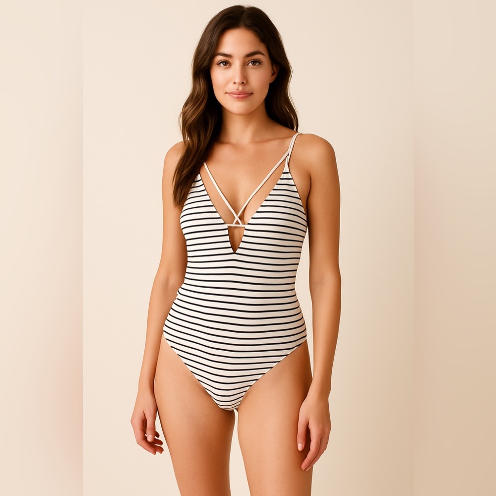 Boohoo Black White Stripe Crisscross Bodysuit | Size 8 | NEW